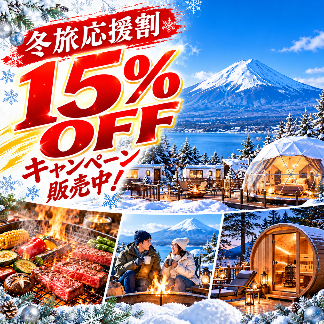 冬旅応援割15％OFFキャンペーン｜冬の富士山とグランピング